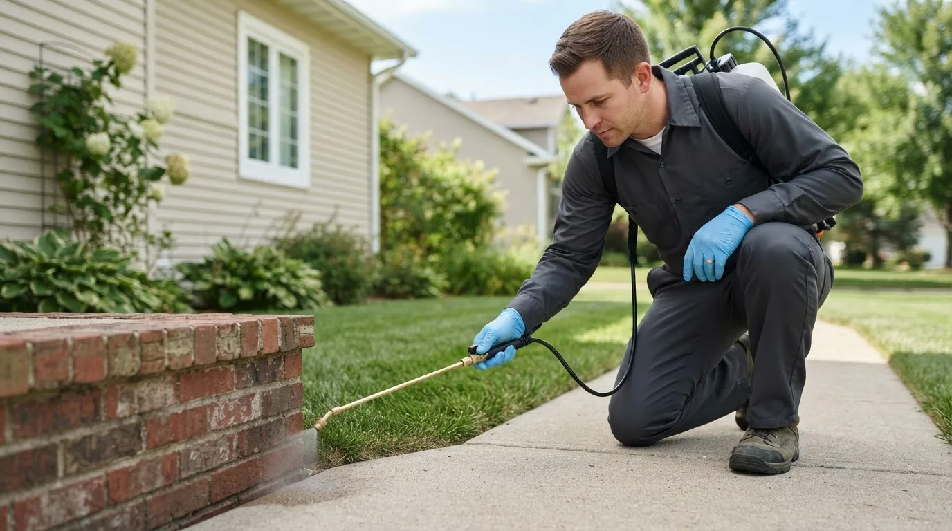Pest control technician treating a home near Caledonia, IL