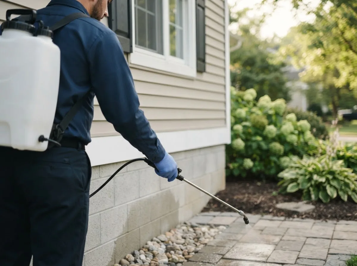 Pest control technician inspecting a home in Caledonia, IL